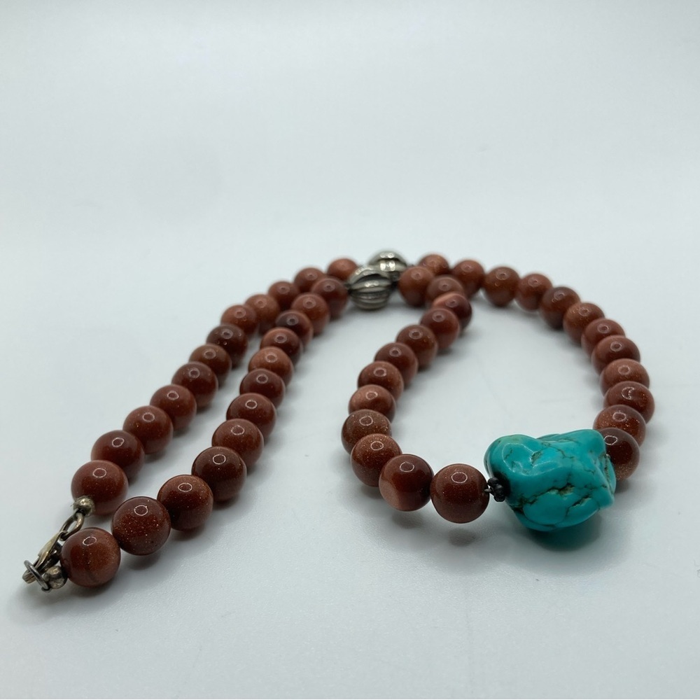 Vtg Sterling Turquoise Chunk & Round Goldstone Bead Necklace 16” - Picture 4 of 7
